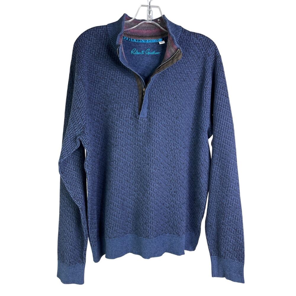 Robert Graham Sweater Mens L Blue 1/4 Zip Pullover Brennand Geometric Classic